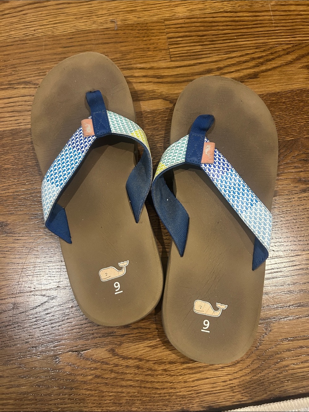 Vineyard Vines Brown Footbed Flip Flops with Blue Patterned Straps